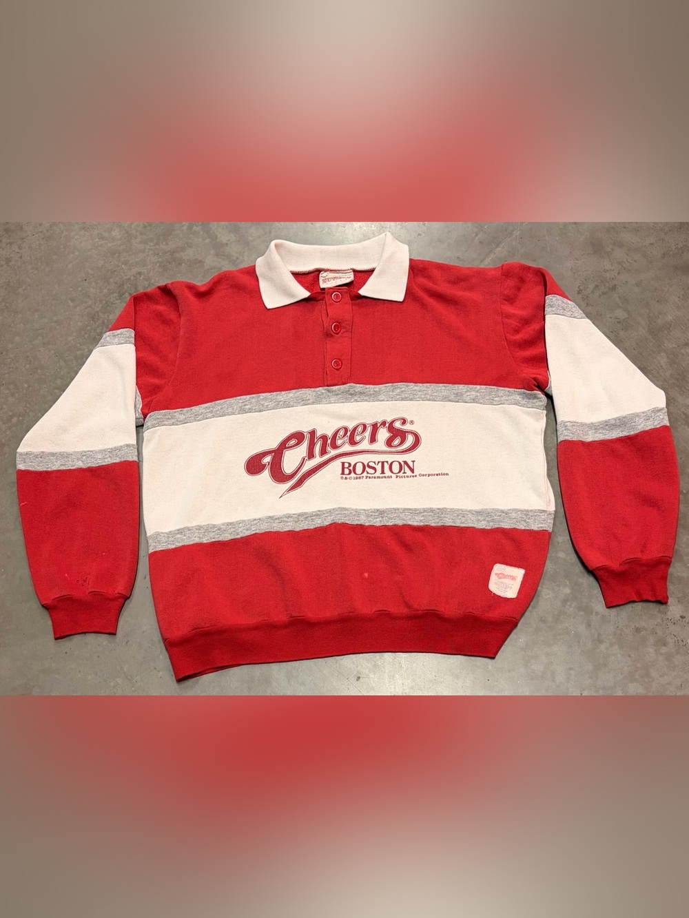 Vintage 1987 Nutmeg Cheers TV Show Cast and Crew Red and White Polo Sweater